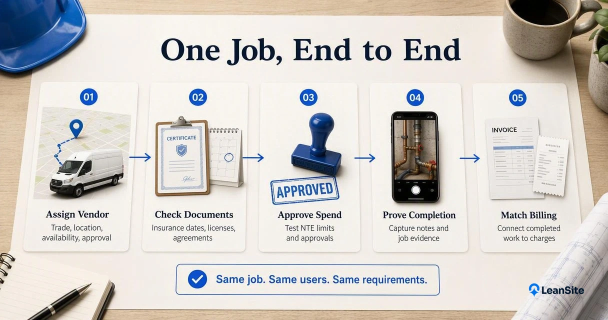 Five-step maintenance software pilot linking contractor assignment, compliance, approvals, completion evidence, and billing.