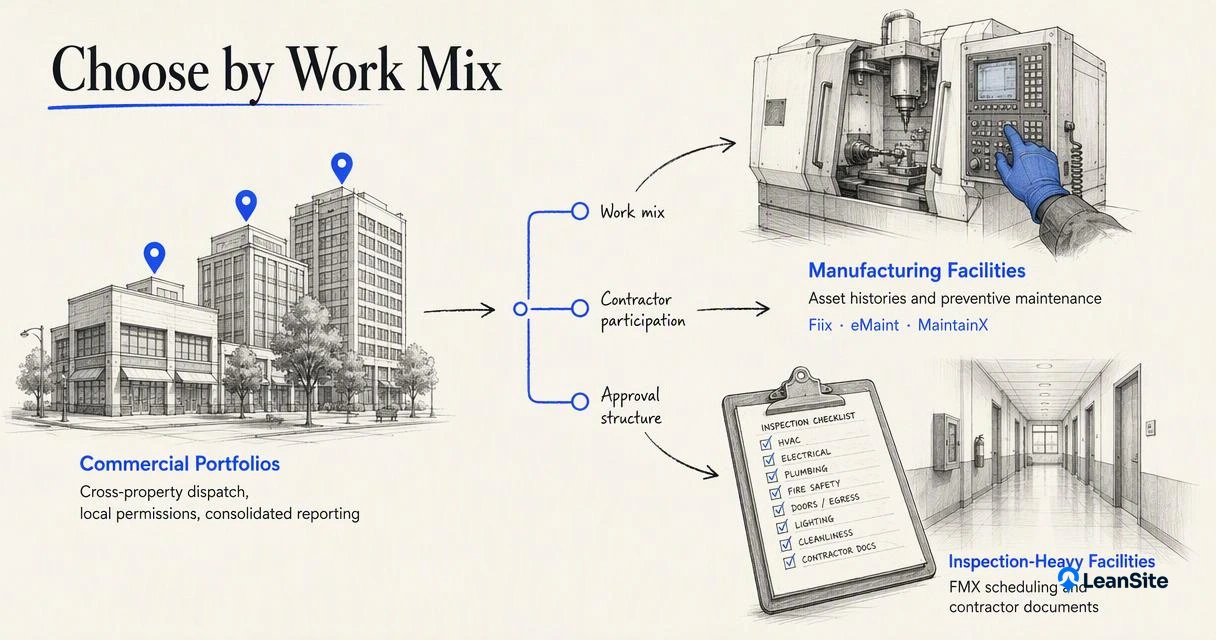 Decision map matching commercial portfolios, manufacturing plants, and inspection-heavy facilities to maintenance software priorities.