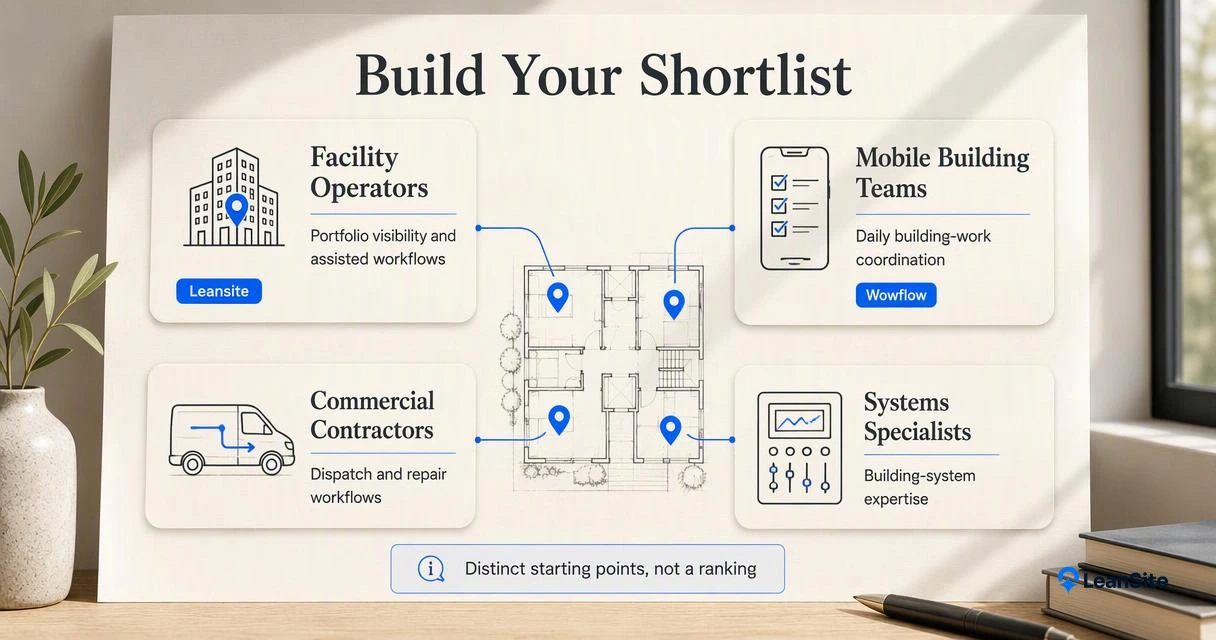 Four building operations software shortlist categories compare facility operators, mobile teams, contractors, and systems specialists.