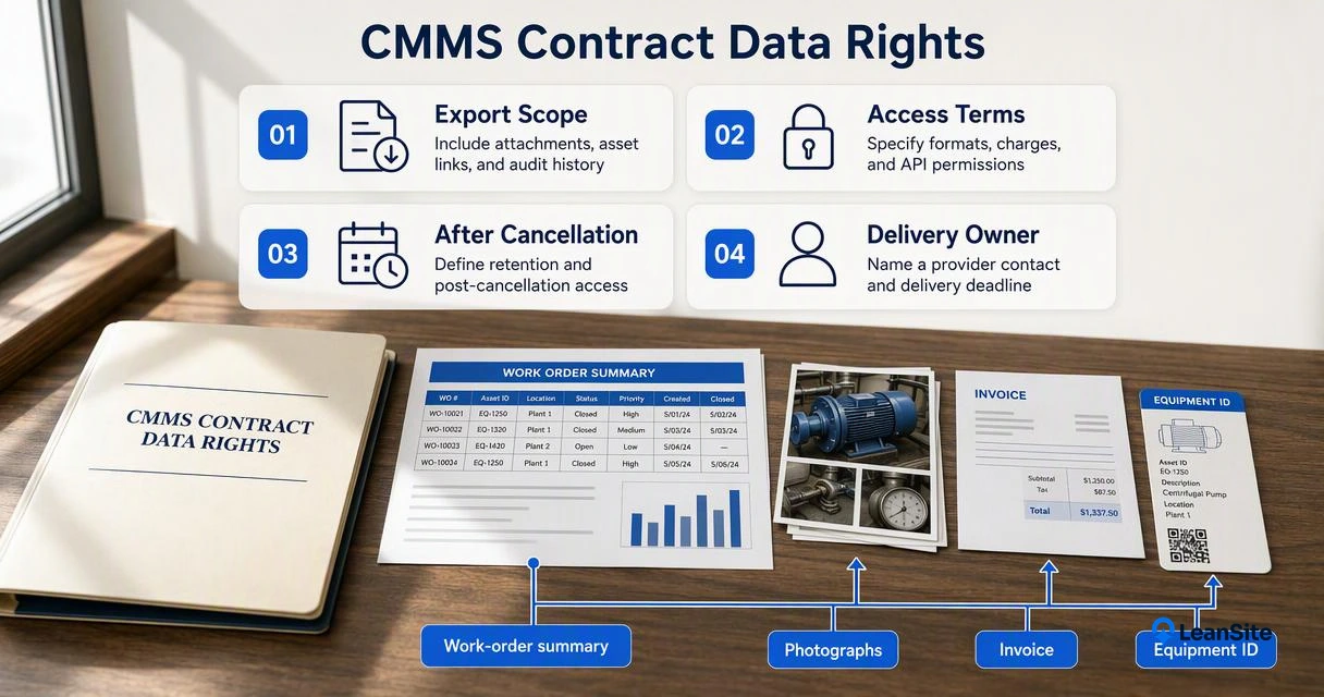 CMMS contract checklist showing export scope, formats, API access, retention, cancellation rights, and supporting maintenance records