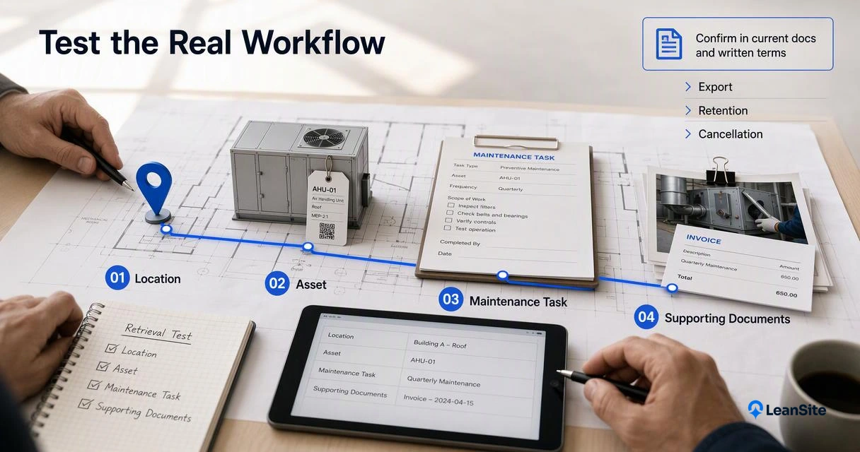 Facilities team tests a location-to-asset maintenance workflow and confirms export, retention, and cancellation terms