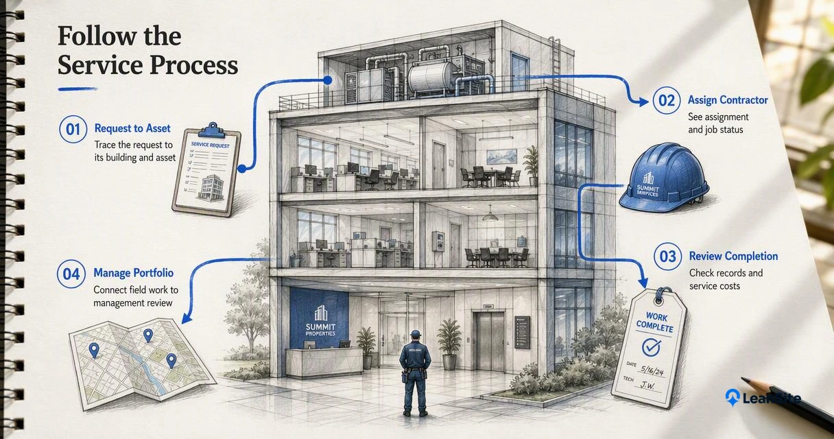 Annotated commercial building workflow linking service requests, contractor assignments, completion records, and portfolio review.