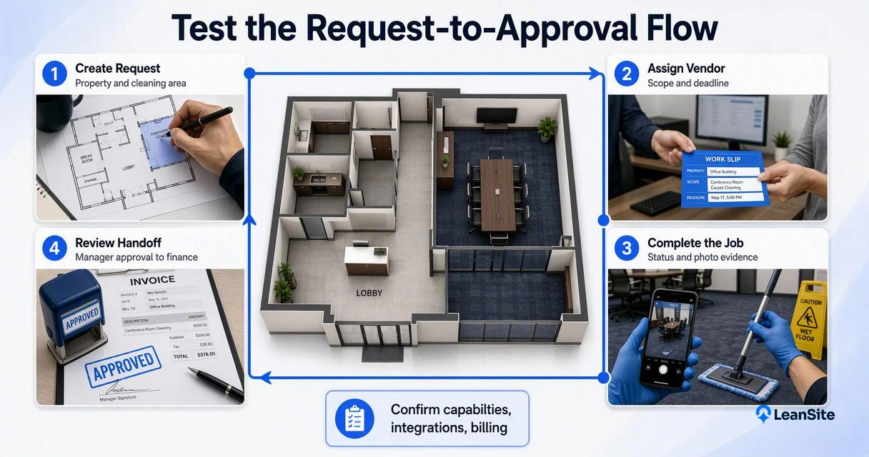 Annotated cleaning workflow showing property request, vendor dispatch, job completion, approval, and finance handoff.