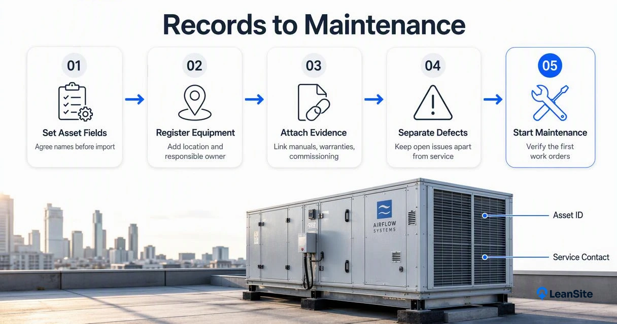 Five-step handover diagram linking construction asset records to maintenance work orders for a rooftop air-handling unit.