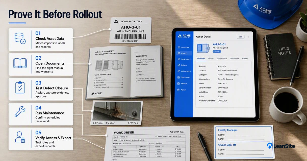 Facility software acceptance checklist testing asset data, documents, defects, maintenance, access, exports, and owner sign-off.