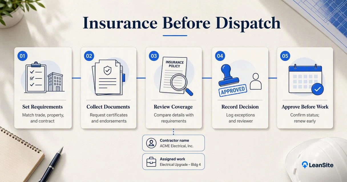 Five-step contractor insurance review infographic from requirements and certificates to approval before dispatch.