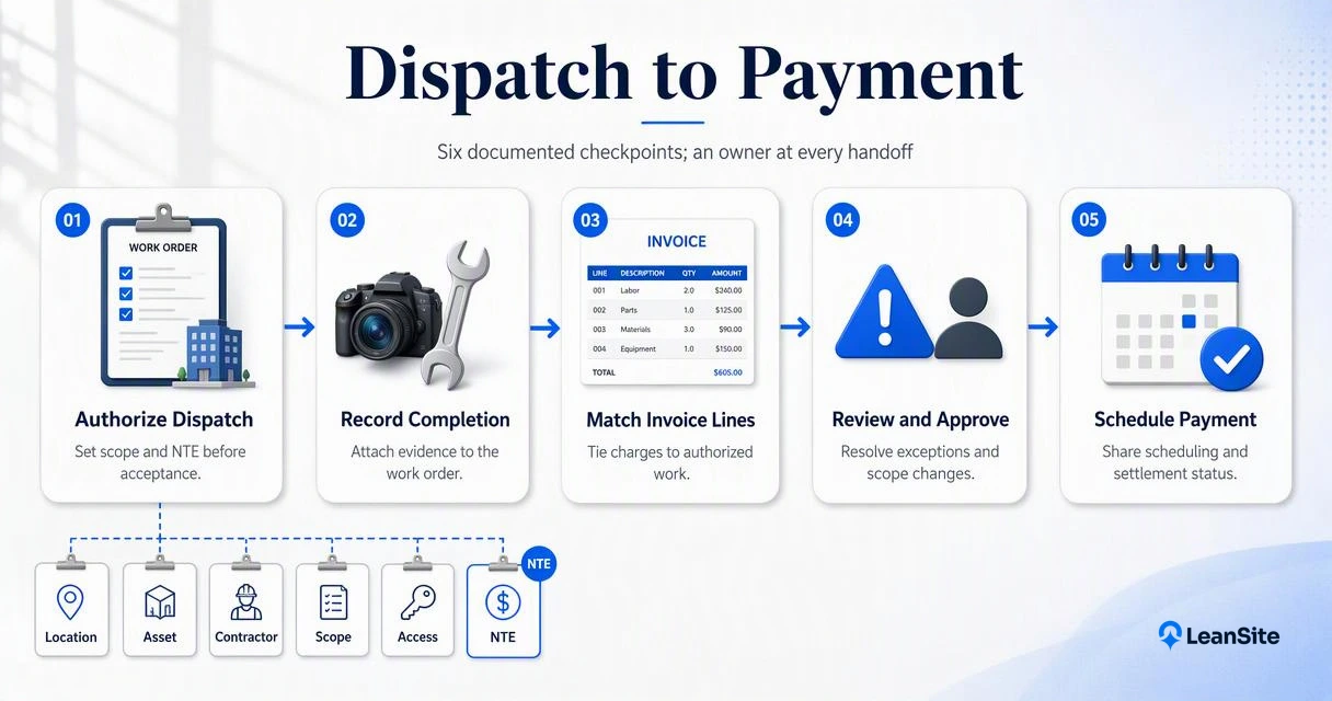 Five-step facility maintenance workflow linking dispatch details, completion evidence, invoice review, approval, and payment status.
