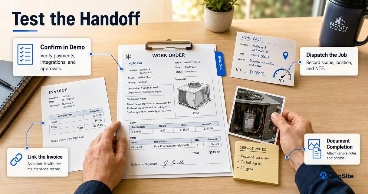 HVAC service-call acceptance test showing dispatch details, job documentation, invoice linking, and demo verification.