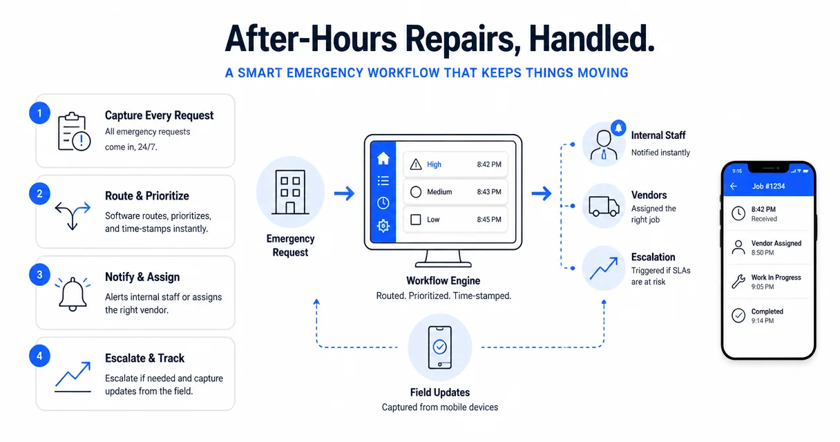 Illustration for How does software handle urgent repairs after hours?