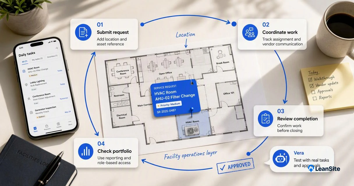 A facilities request moves from location and asset details through vendor coordination, completion review, and portfolio reporting.