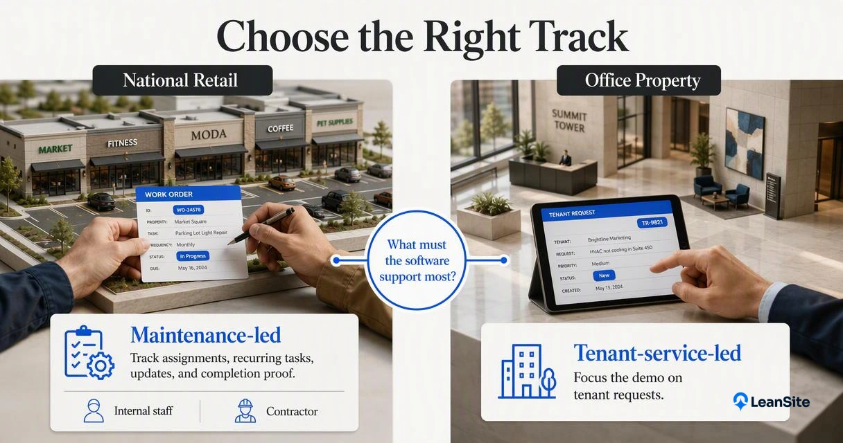 Two commercial property evaluation tracks compare retail maintenance execution with office tenant requests.