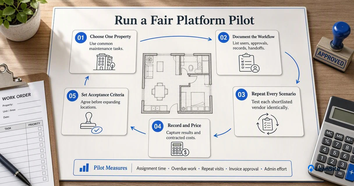 Five-step commercial property software pilot board with comparable scenarios, costs, and evaluation measures.