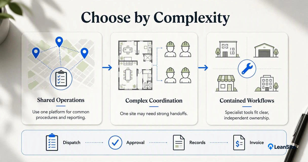 Infographic comparing integrated facility platforms and specialist tools by operational complexity and vendor coordination.