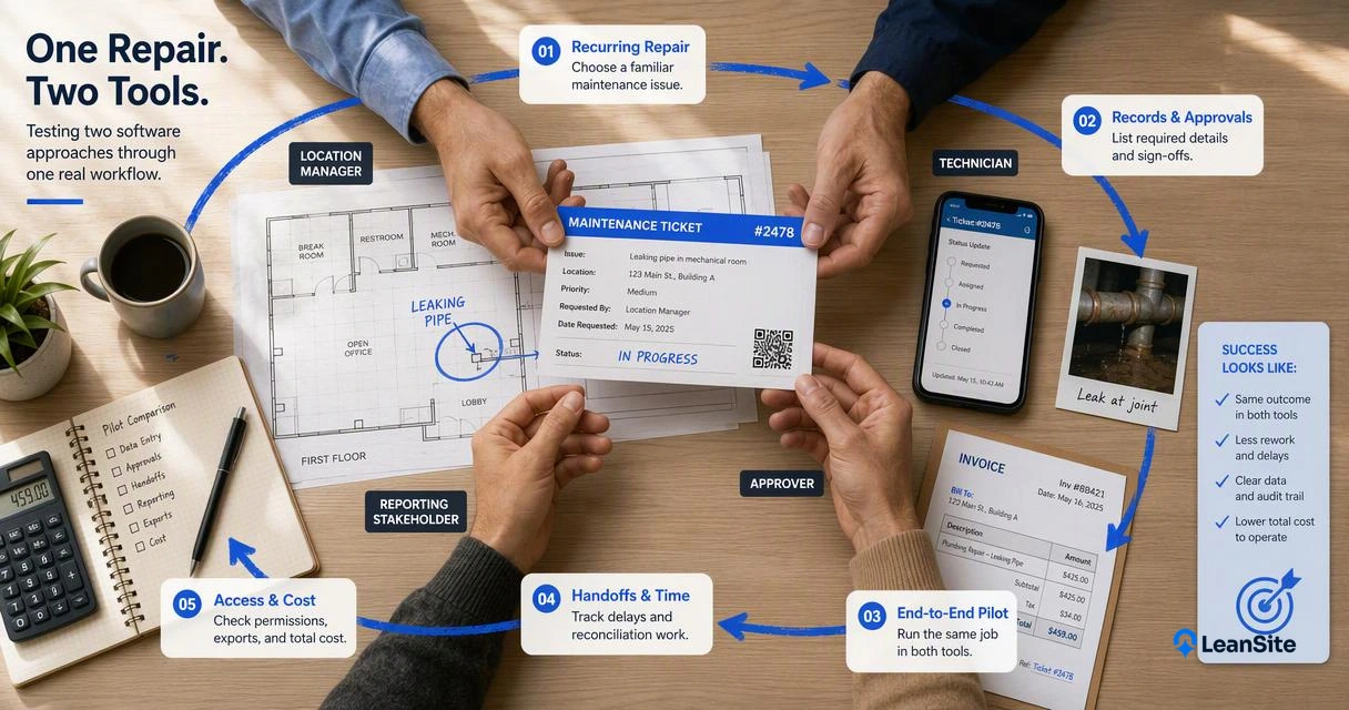 Annotated maintenance pilot scene showing repair steps, participant handoffs, approvals, records, and cost checks.