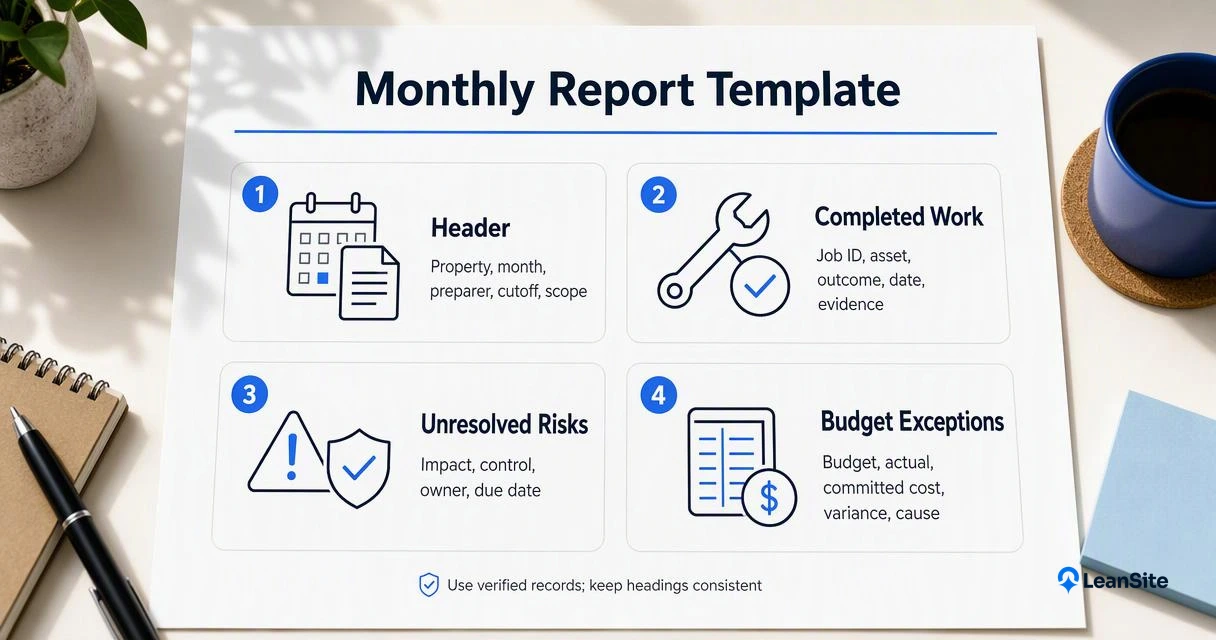 Monthly facilities report template showing completed jobs, unresolved risks, budget exceptions, and accountable owners.