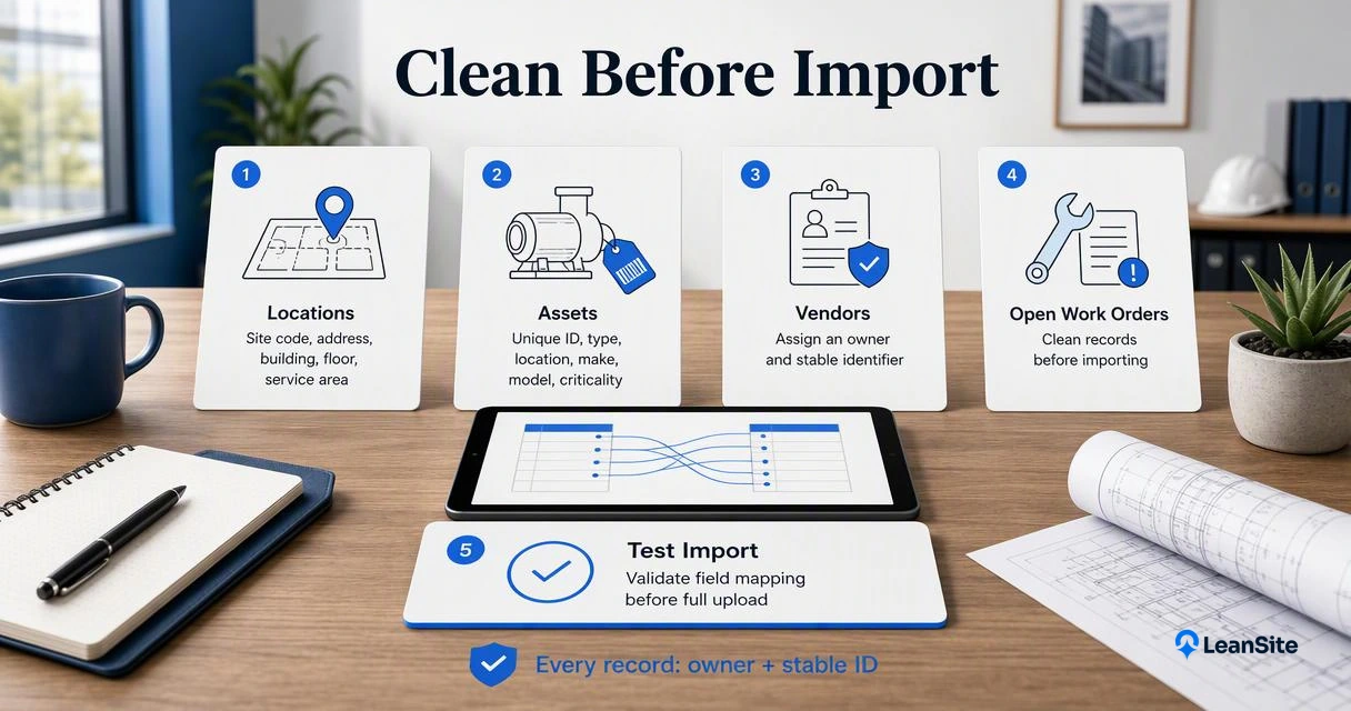 Facilities team cleans location, asset, vendor, and open work-order records before testing import mapping.