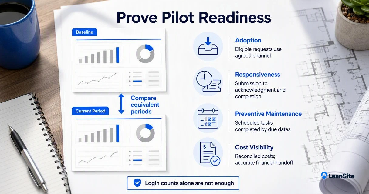 Pilot readiness reports compare adoption, response times, preventive maintenance completion, and reconciled costs.