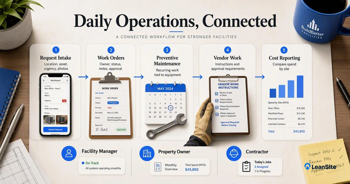 Five-step facilities workflow connects maintenance requests, work orders, preventive schedules, vendors, and site cost reporting.