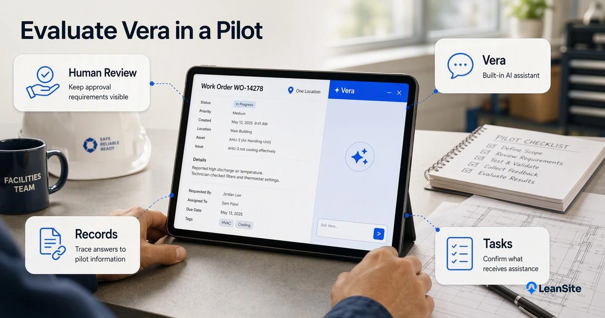 A facilities team tests Vera alongside a work order, source records, and human approval during a one-location pilot.