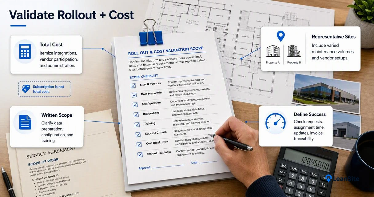 A buyer’s rollout checklist links representative sites, success measures, written scope, and itemized costs.