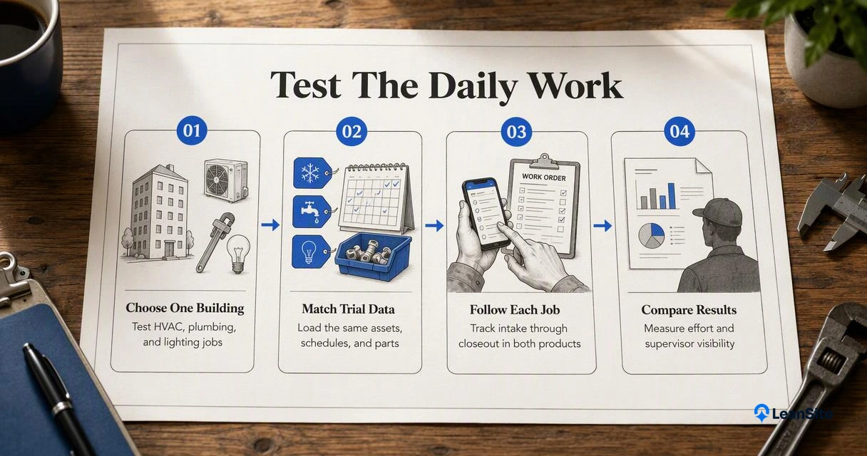 Four-step building maintenance software pilot comparing identical jobs, trial data, technician workflow, and reporting.