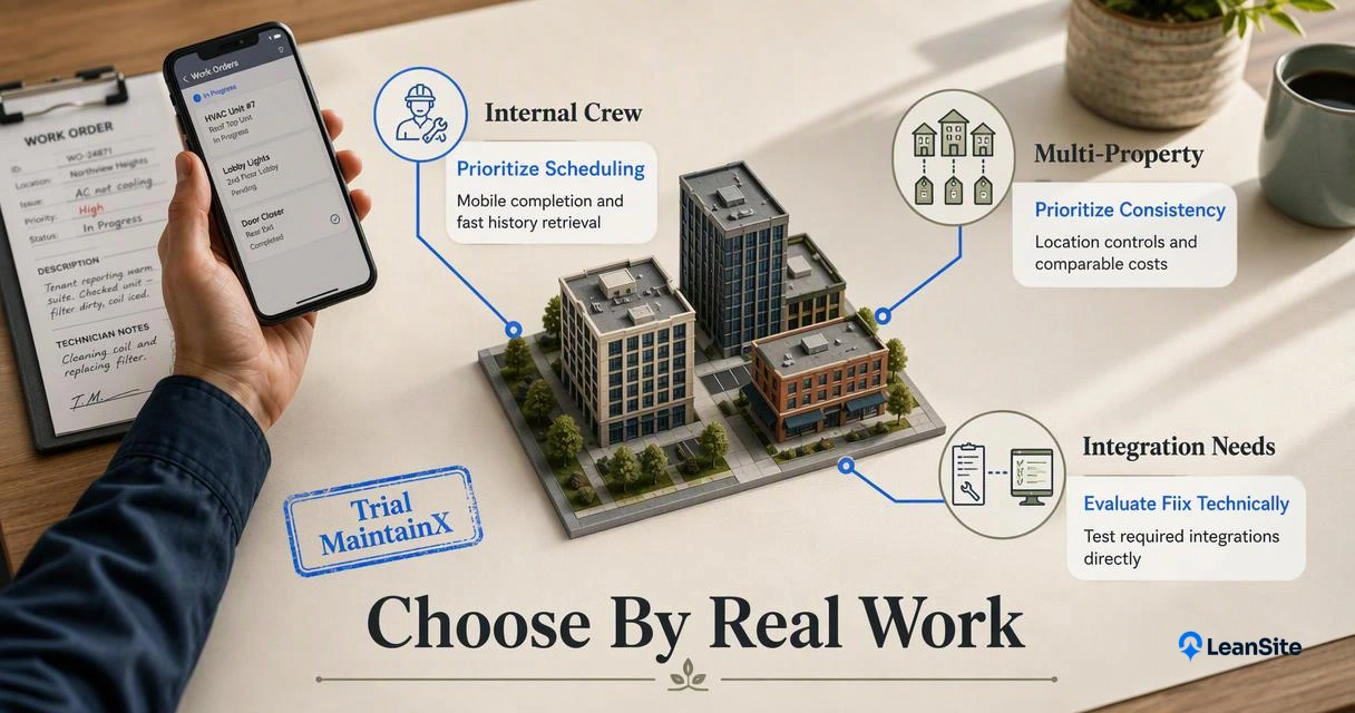 Annotated decision map matching in-house, multi-property, and integration-focused maintenance teams to platform evaluation priorities.