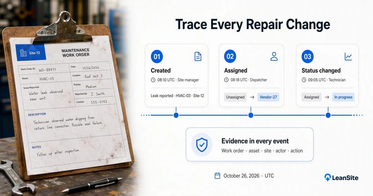 Maintenance audit trail timeline showing work order creation, contractor assignment, status change, actors, timestamps, and preserved evidence.