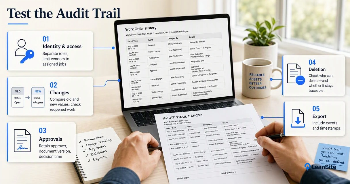 Buyer testing maintenance software roles, vendor access, record changes, approvals, deletion history, and audit exports.