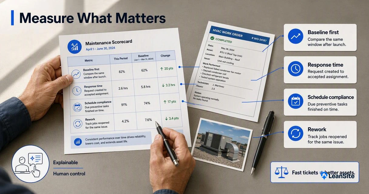 Facilities team scorecard compares baseline, response time, preventive schedule compliance, and reopened maintenance jobs.