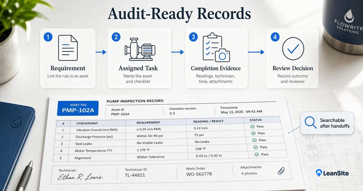 Audit-ready pump inspection record linking requirements, tasks, evidence, and reviewer decisions.