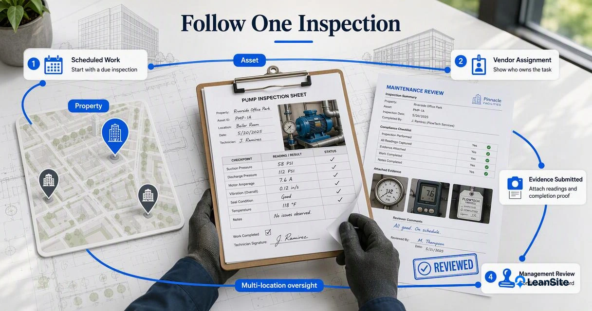 Facilities inspection workflow tracing scheduled work, vendor evidence, and management review across properties.