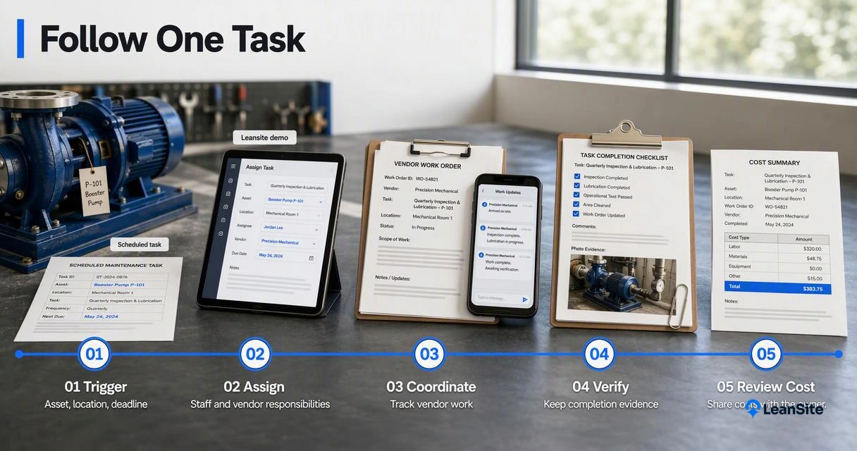 Annotated maintenance workflow showing a scheduled asset task through assignment, vendor coordination, completion evidence, and cost review.