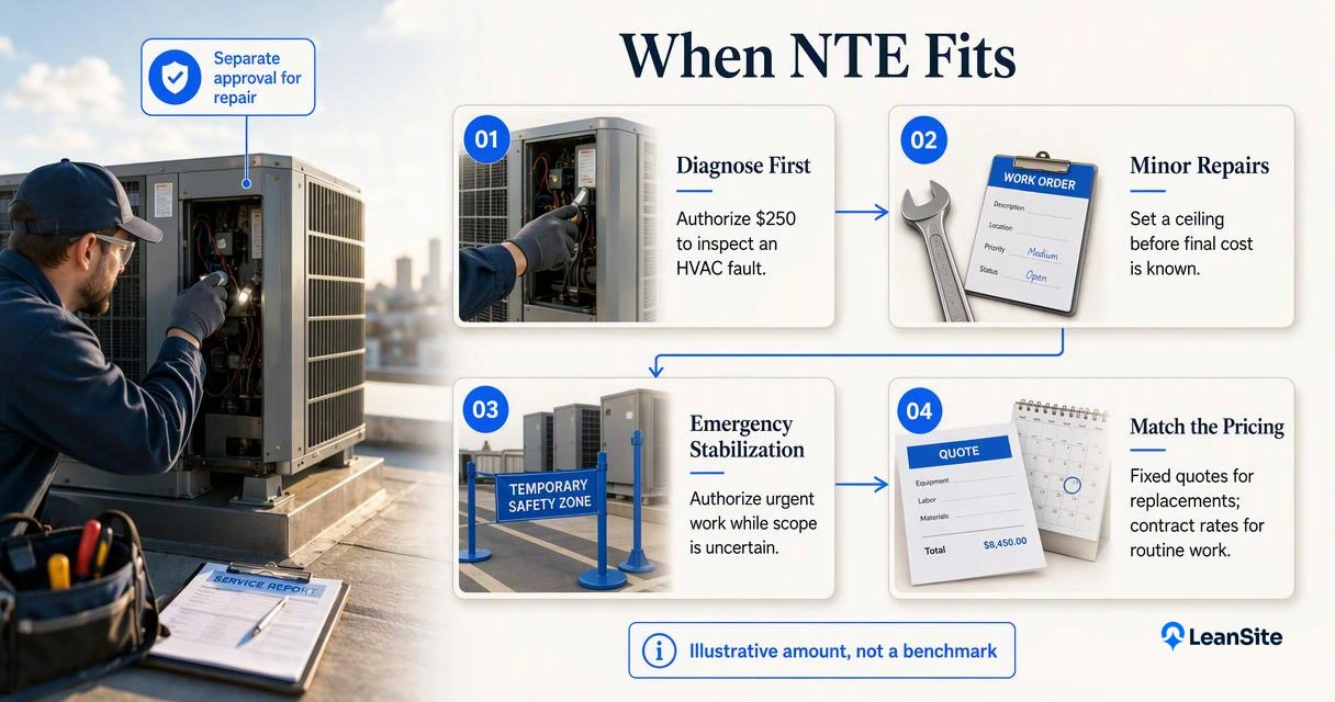 Infographic compares NTE diagnosis, minor repairs, emergency stabilization, fixed-price replacements, and contracted services.