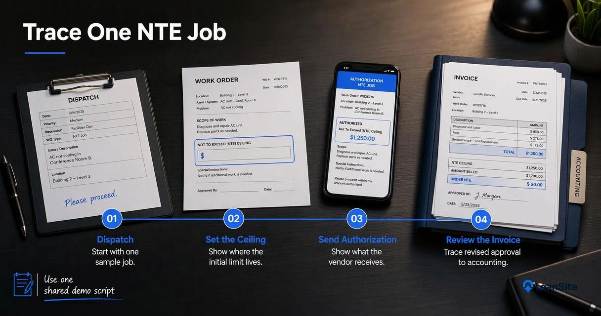 Annotated maintenance workflow follows dispatch, NTE ceiling, vendor authorization, revised approval, and invoice review.