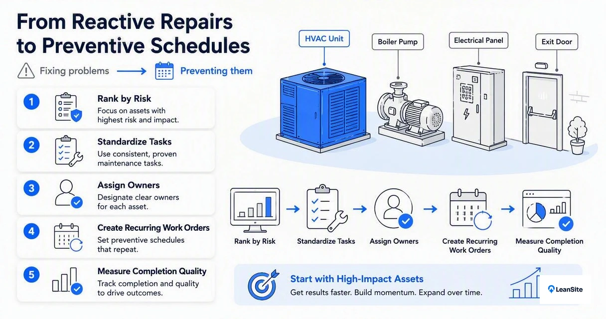 Illustration for How can facilities move from reactive repairs to preventive schedules?