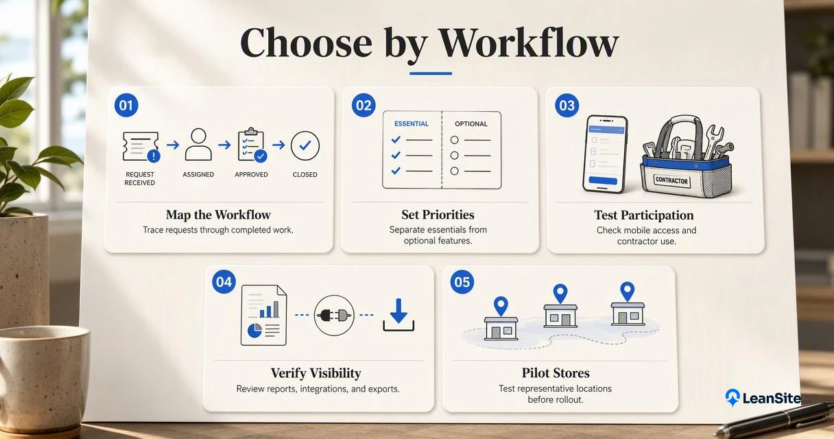 Five-step retail maintenance software buying guide showing workflow mapping, feature priorities, mobile testing, reporting, and a store pilot.