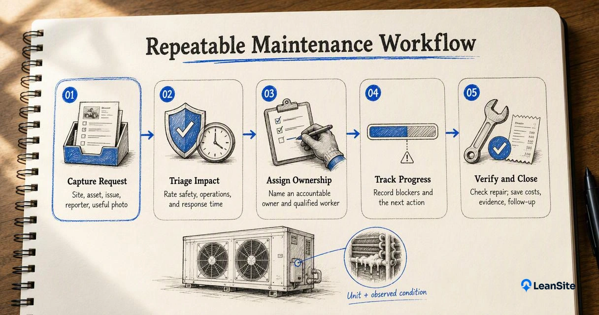 Five-step maintenance workflow showing request intake, triage, ownership, progress updates, and repair verification.