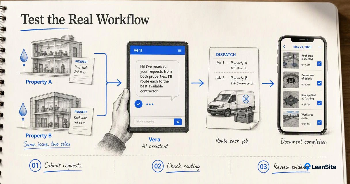 Two property maintenance requests flow through Vera to contractor routing and documented completion.