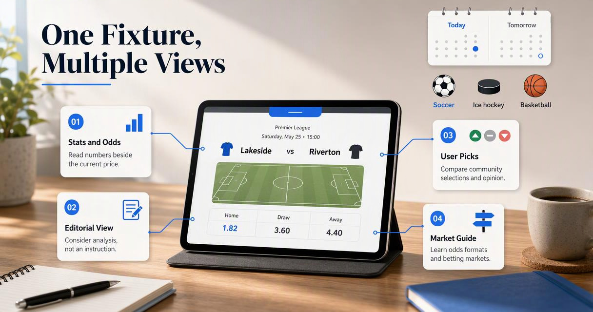 Pre-match research desk links a fixture with statistics, odds, editorial predictions, user picks and market guides.